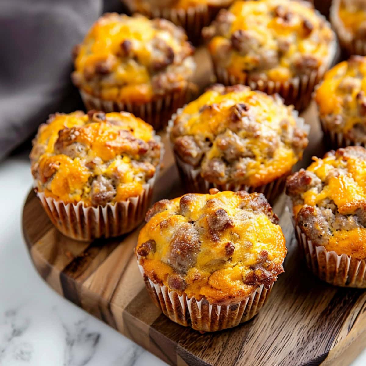 Cheesy and hearty homemade breakfast sausage muffins in a wooden board