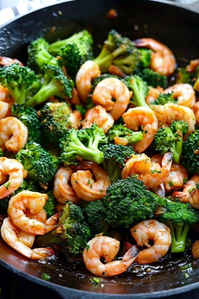 Shrimp and Fresh Broccoli Stir-Fry in a Skillet