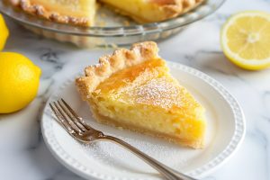 Citrusy homemade lemon chess pie in a white plate on a white marble countertop