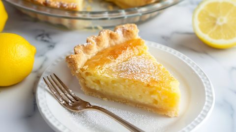 Citrusy homemade lemon chess pie in a white plate on a white marble countertop