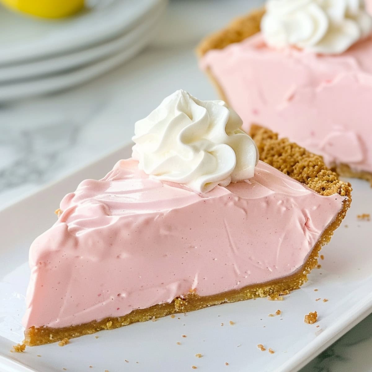 Pink lemonade pie on a plate, close up.