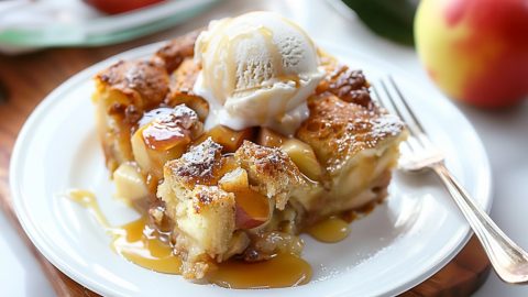 Slice of apple pie bread pudding in white plate with vanilla ice cream and caramel syrup.