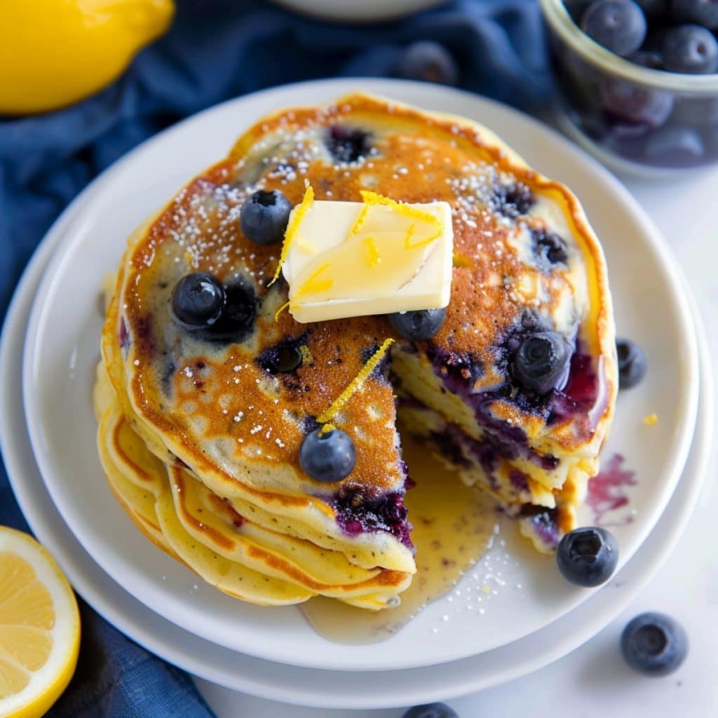 Classic lemon blueberry pancakes, a comforting morning dish with a refreshing citrus twist.