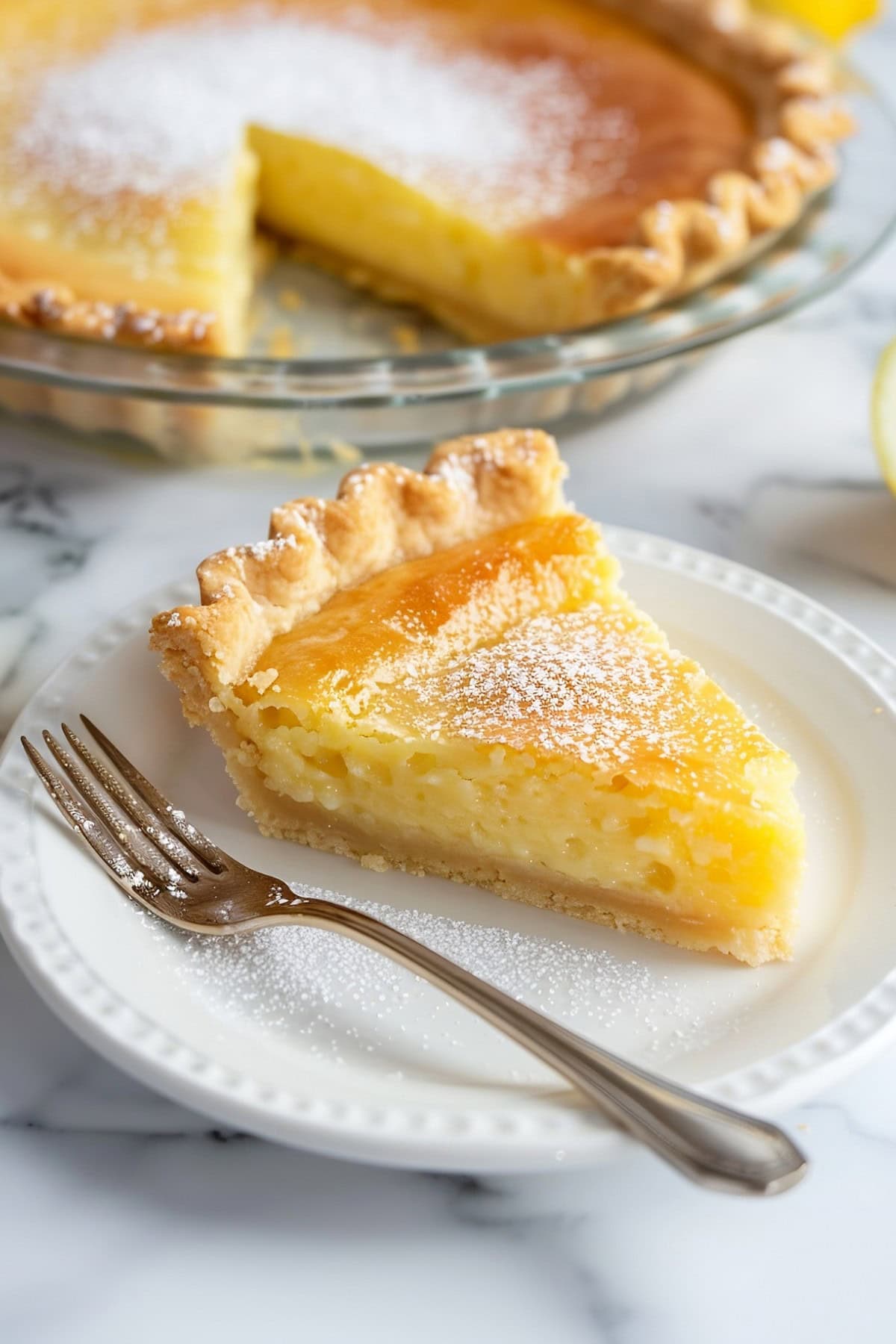 Slice of homemade lemon chess pie with flaky and buttery crust, sprinkled with powdered sugar on a plate with a fork