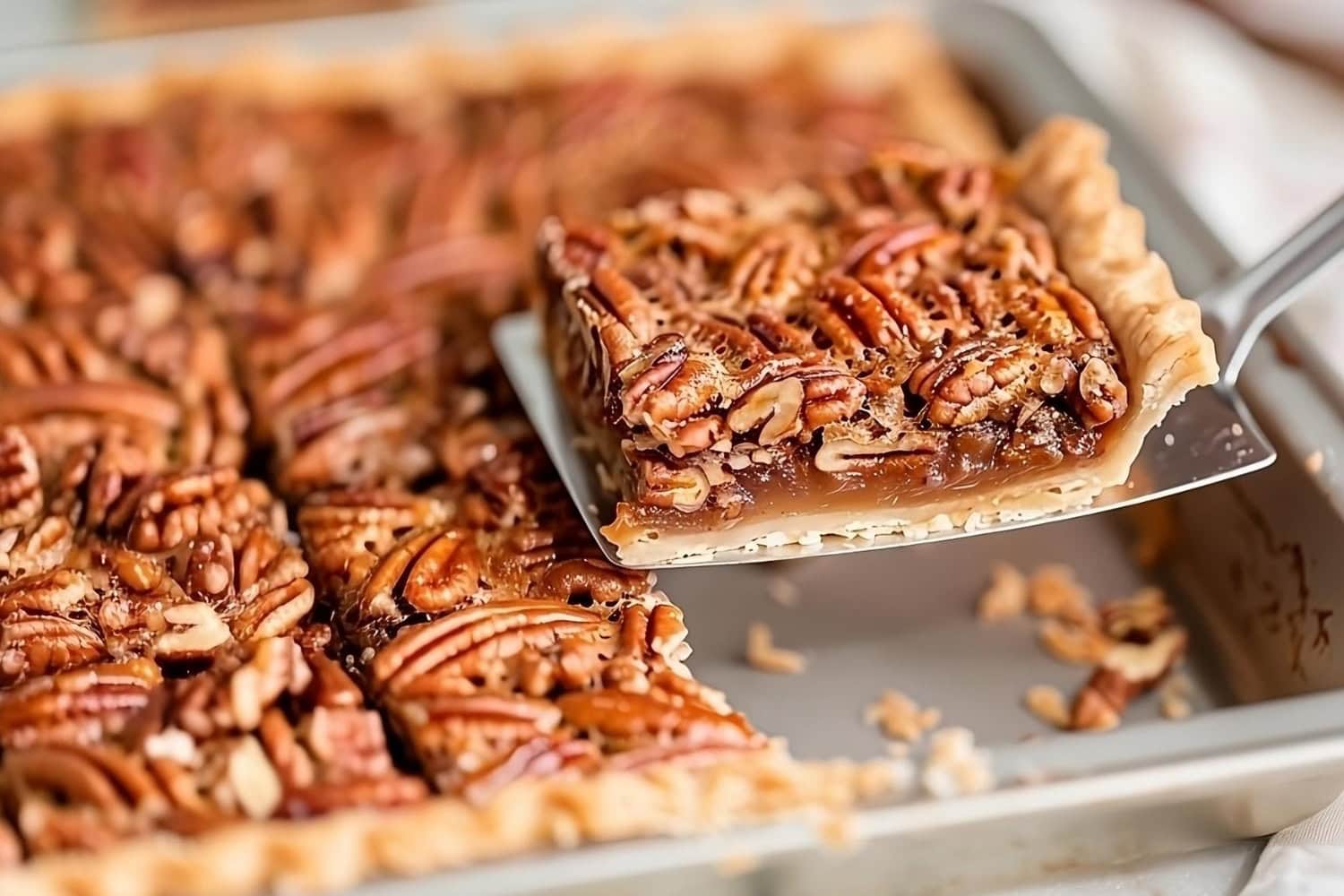 Sliced pecan slab pie lifted by a pie ladle.