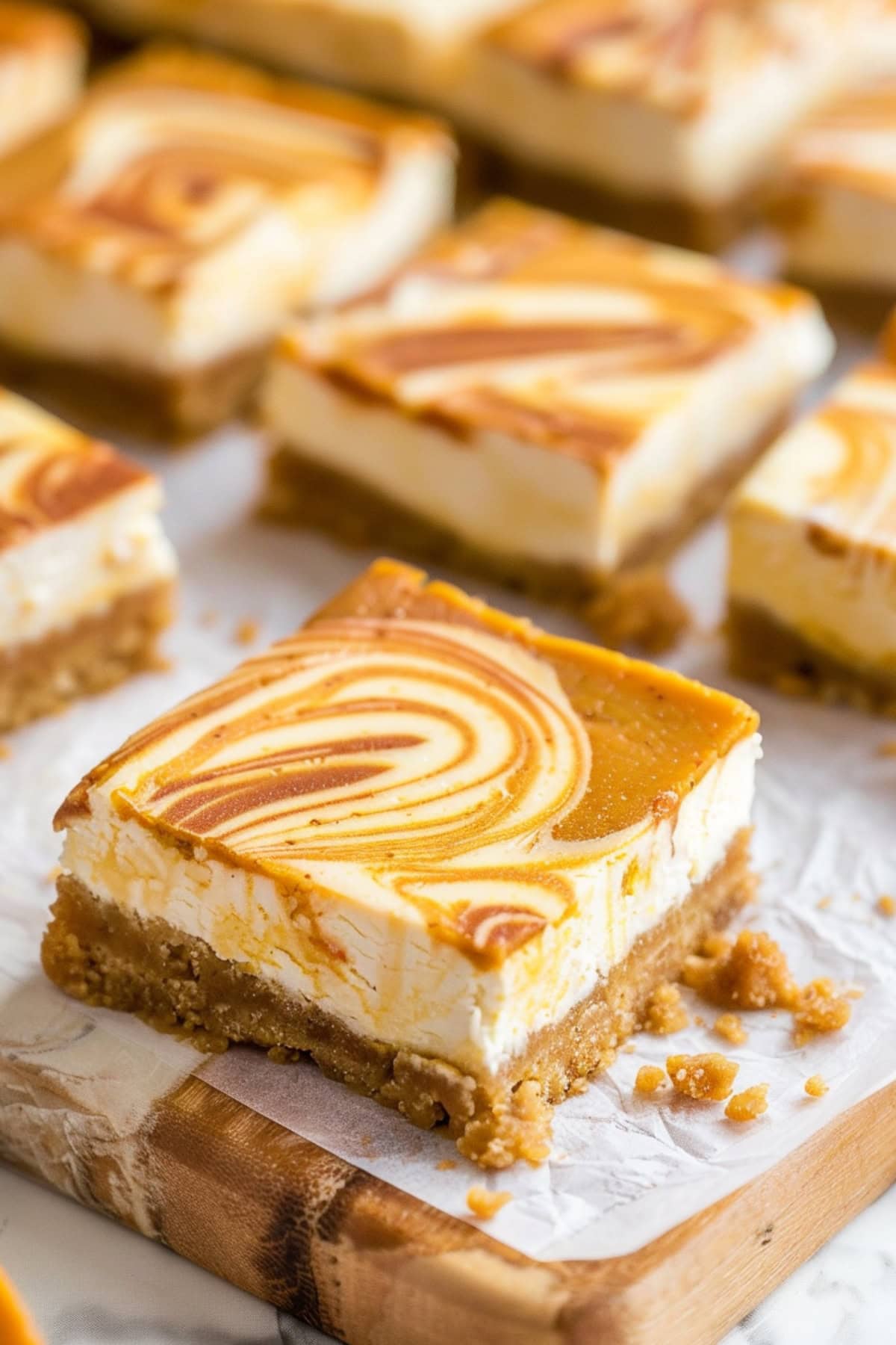 Square of pumpkin cheesecake bars in wooden board with parchment paper.