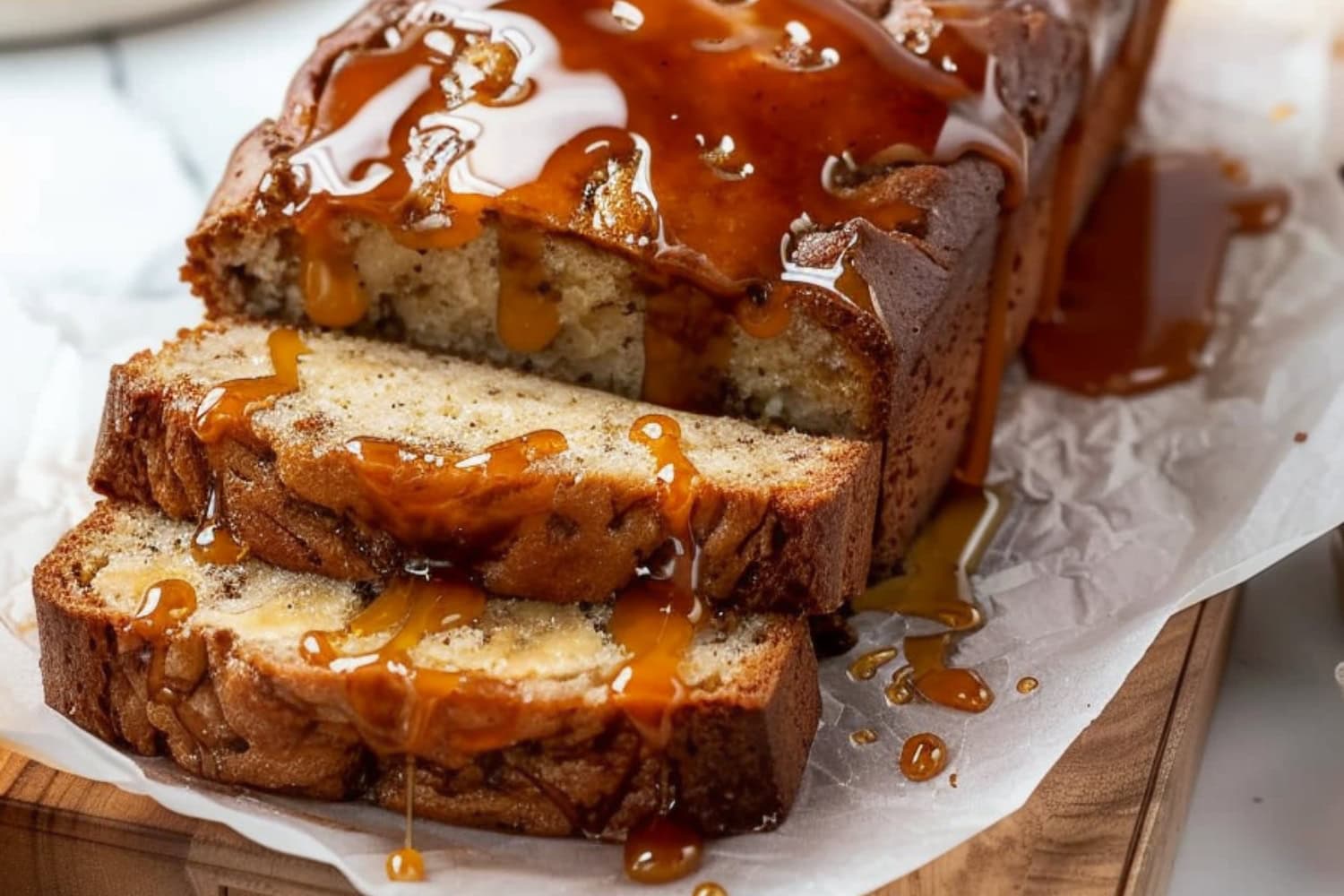 Sliced banana loaf bread drizzled with salted caramel syrup.