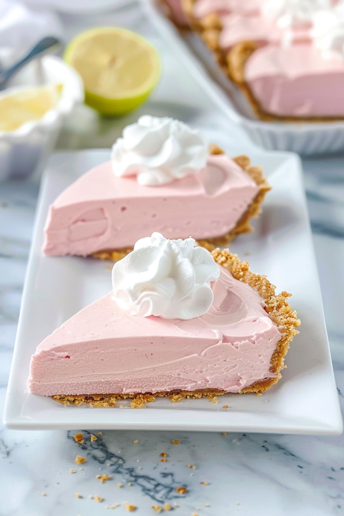 Two slices of pink lemonade pie with whipped cream on top.