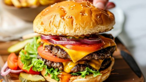 Double patty burger with tomatoes, red onions, cheese and lettuce on a wooden board.