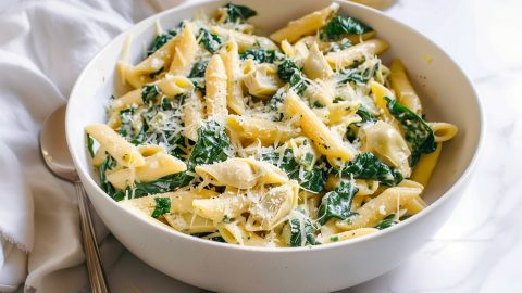 Spinach and artichoke with penne pasta and parmesan cheese in a white bowl