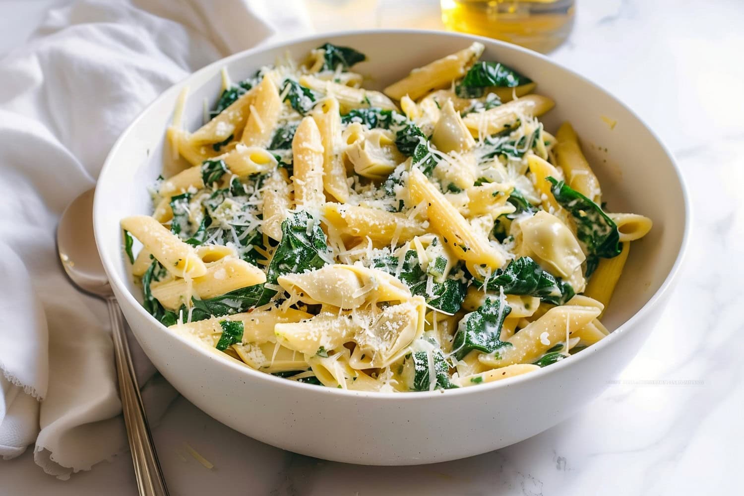 Spinach and artichoke with penne pasta and parmesan cheese in a white bowl