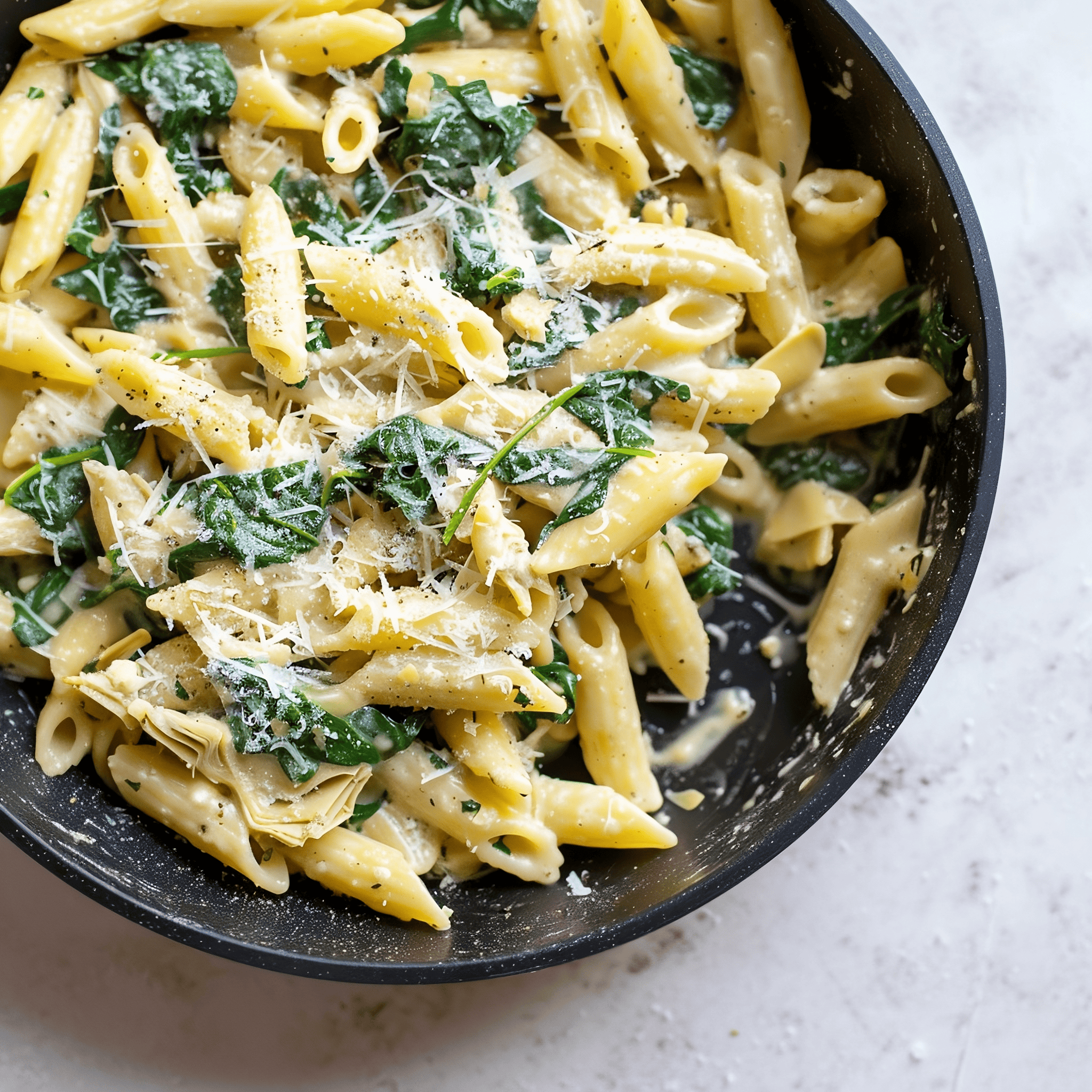 Creamy and cheesy spinach artichoke pasta topped with parmesan