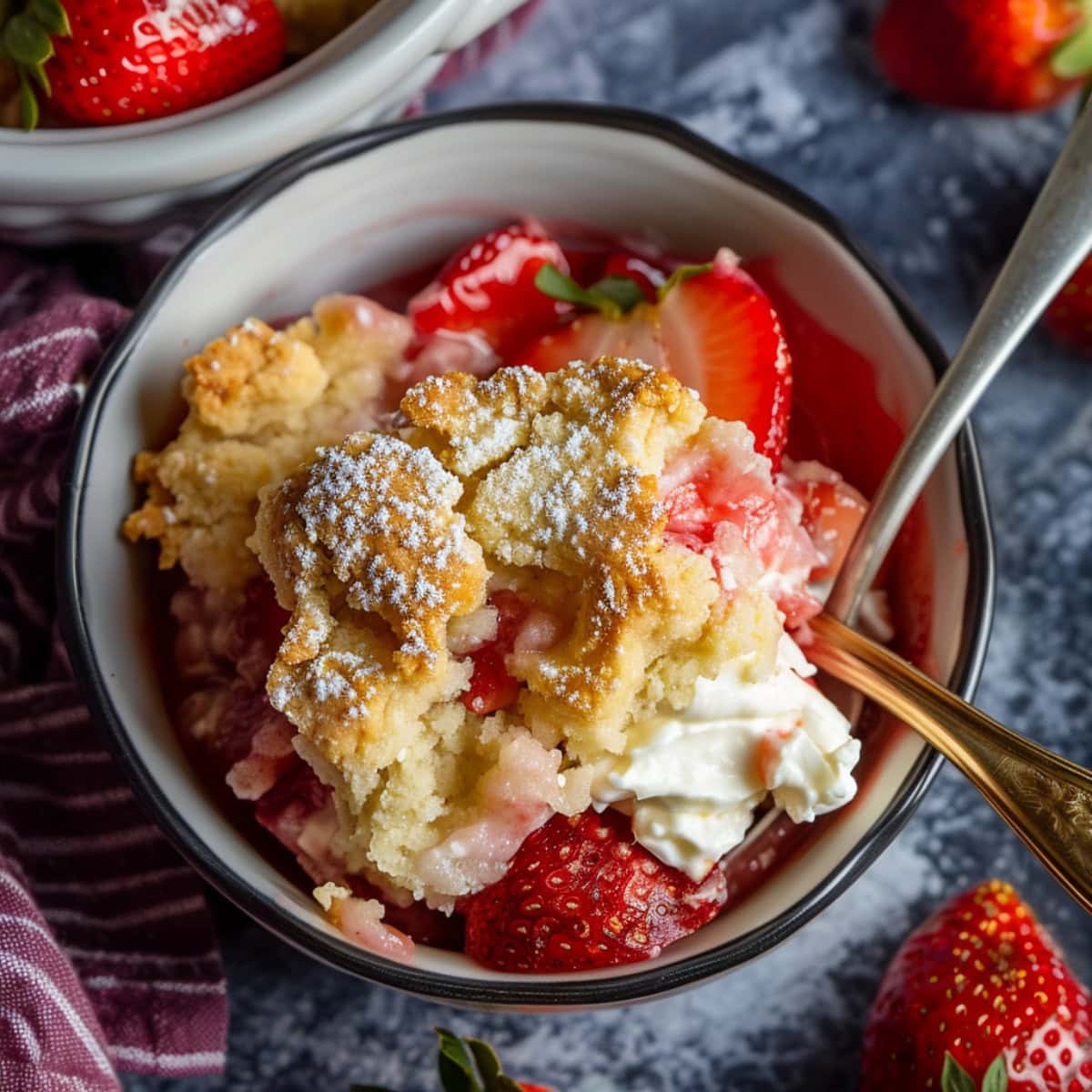 Strawberry Cheesecake Dump Cake in a bowl with 2 spoons and fresh fruit, top down view