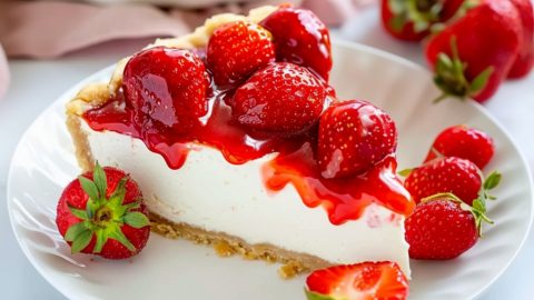 Slice of strawberry cream pie in a white plate.