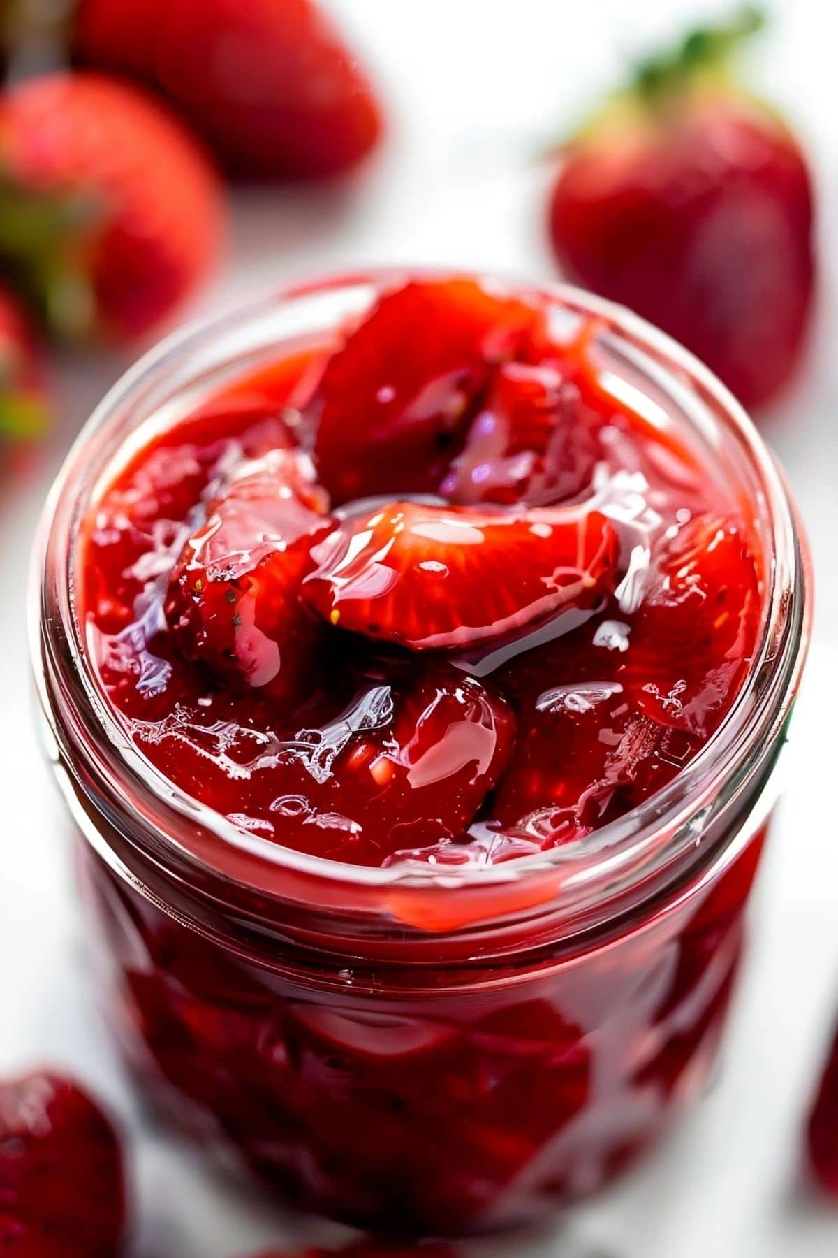 Super Close Up of Top of Jar of Strawberry Glaze with More Strawberries in the Background