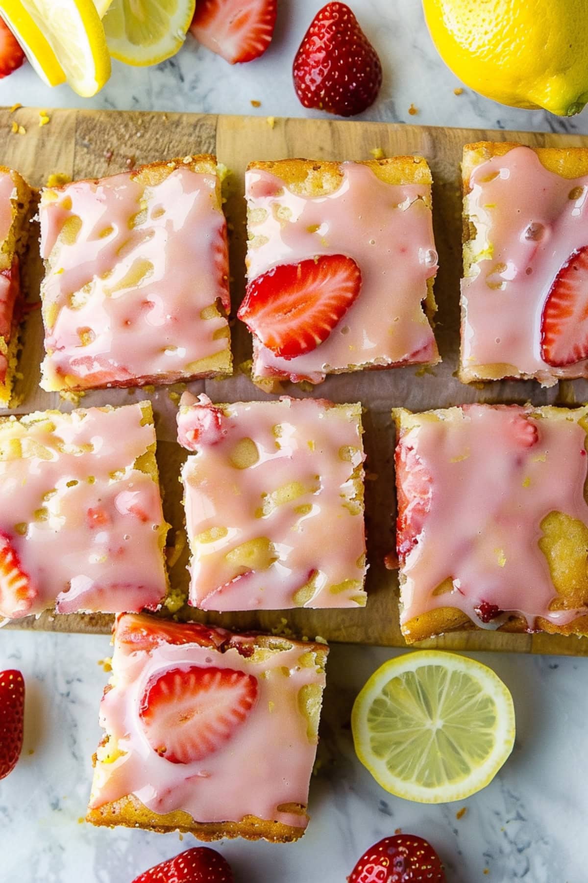 Strawberry lemon blondies cut into squares with pink glazed drizzled on top