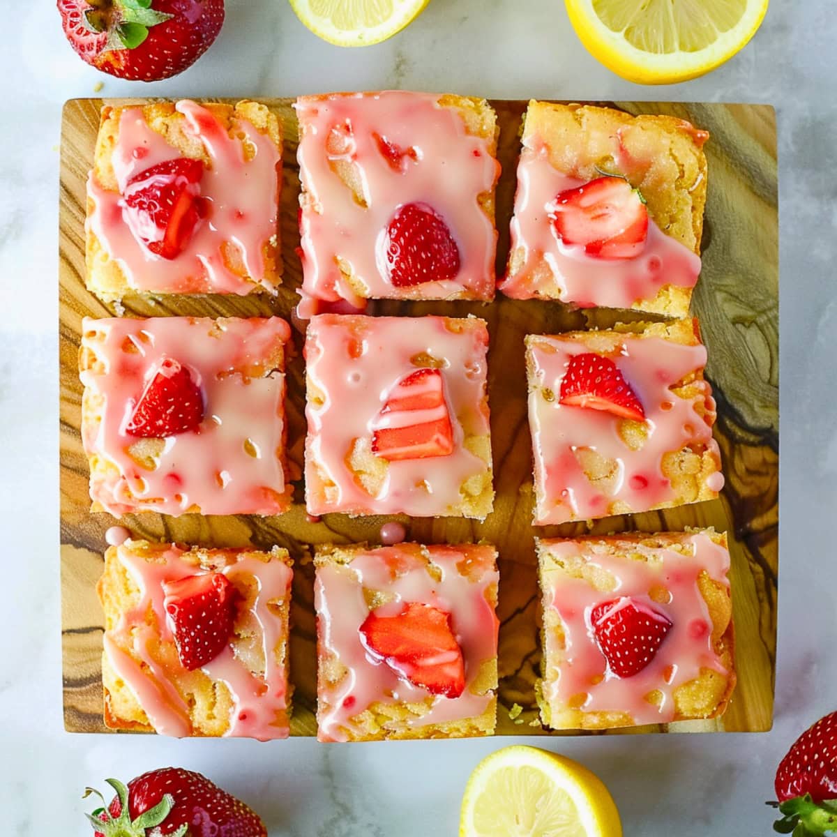 Square slices of strawberry lemon blondies on wooden board.