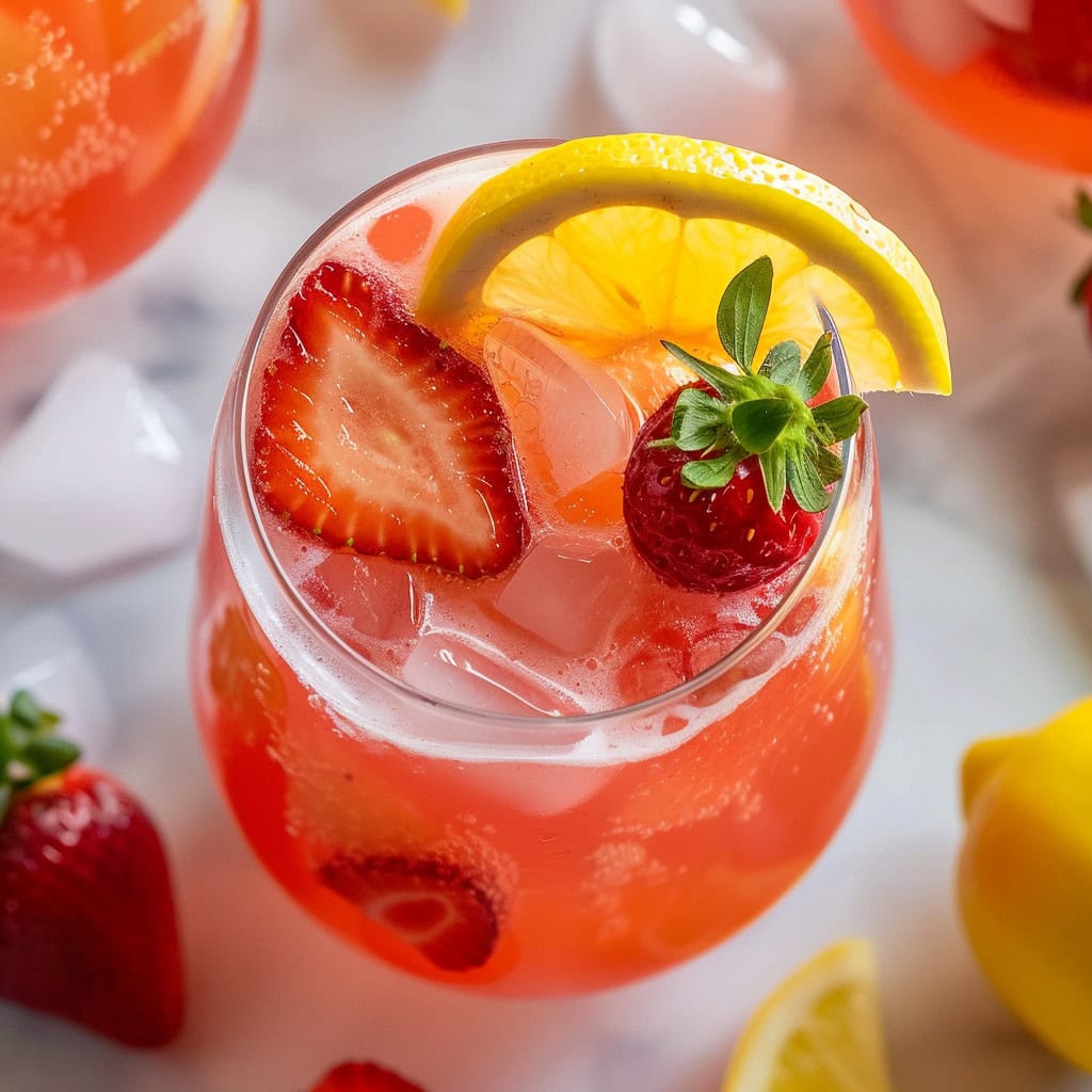 A vibrant photo of a strawberry lemonade with lemon slices with fresh strawberries floating inside