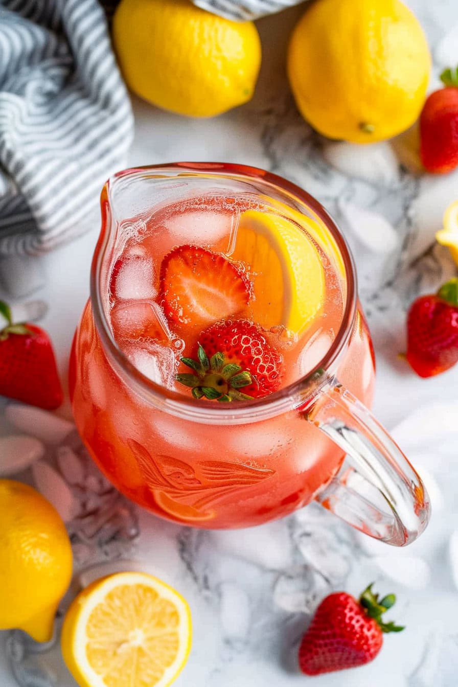 A pitcher of homemade strawberry lemonade with visible chunks of strawberries and lemon slices.