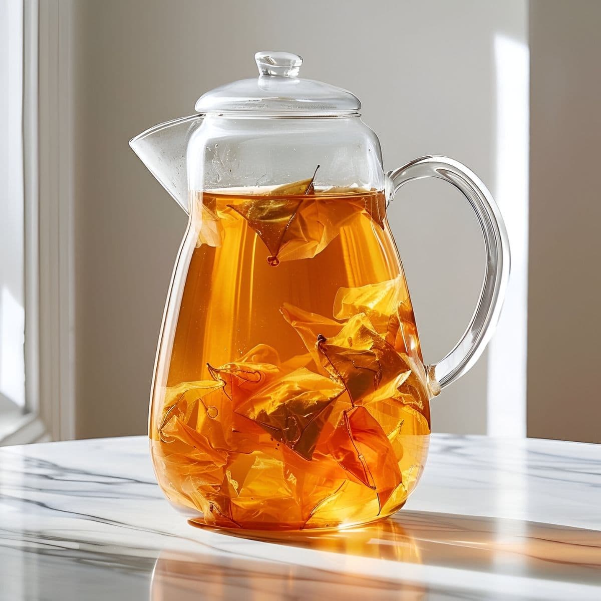 Pitcher of Sun Tea with Tea Bags Sitting in the Sunshine on a White Marble Table