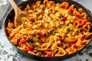Pasta shell in a pan with creamy taco sauce, ground beef, chopped tomatoes and salsa.