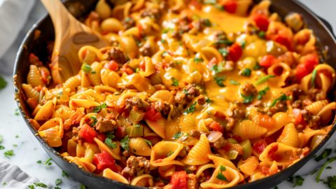 Pasta shell in a pan with creamy taco sauce, ground beef, chopped tomatoes and salsa.