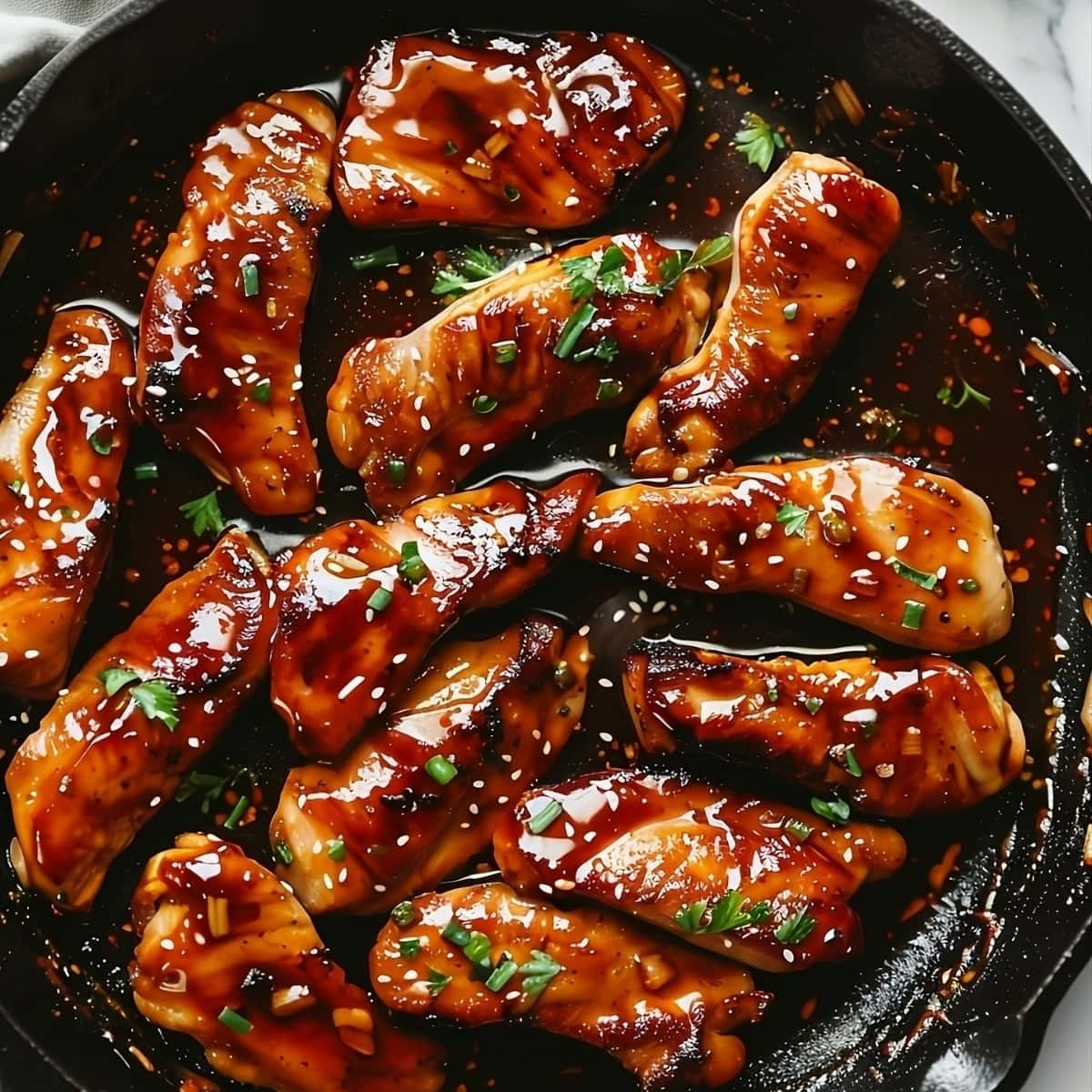 Teriyaki chicken thigh in skillet pan with sauce.