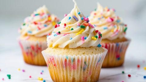 Flavorful funfetti cupcakes, topped with smooth buttercream and a scattering of colorful sprinkles.