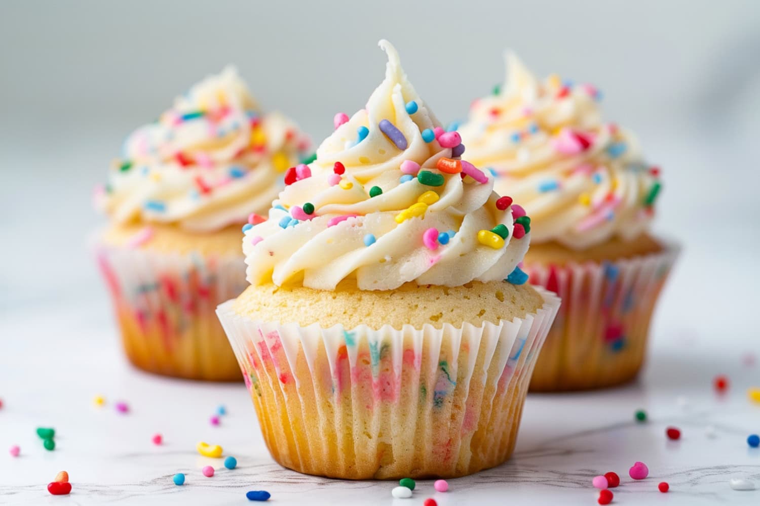 Flavorful funfetti cupcakes, topped with smooth buttercream and a scattering of colorful sprinkles.