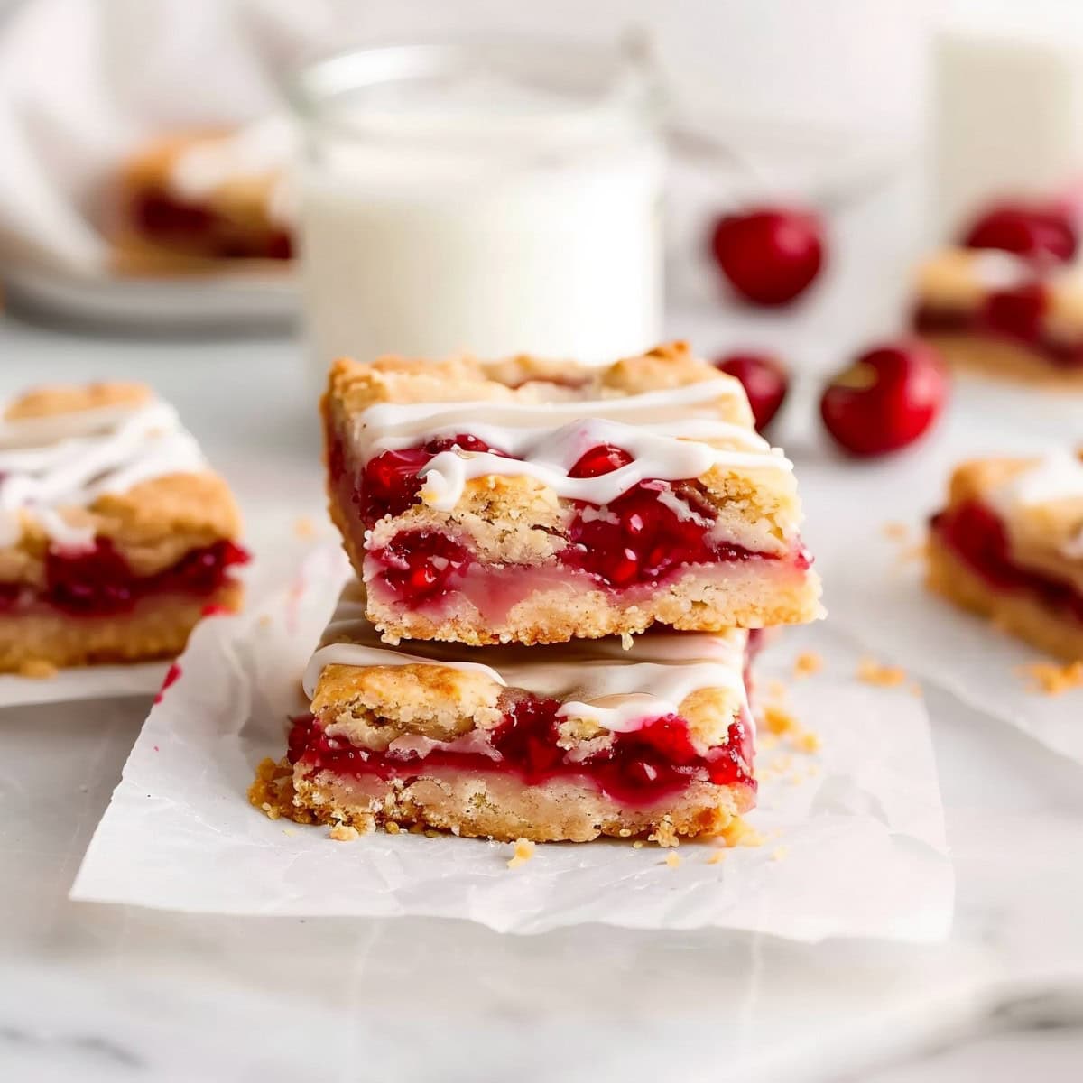 Homemade gooey cherry pie bars served with a glass of milk