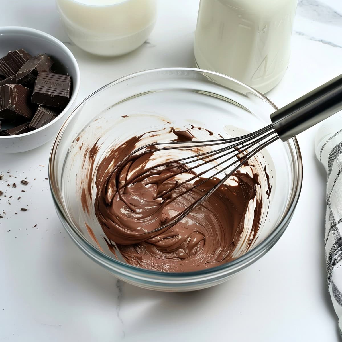 A large gloss bowl of whipped chocolate with milk on the side