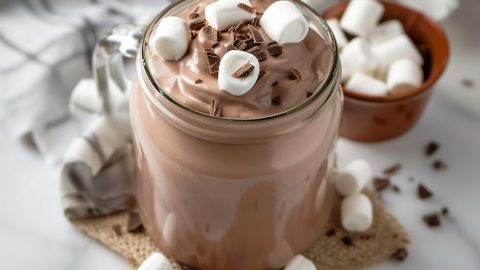 Cool and creamy whipped hot chocolate mixed with milk in a glass