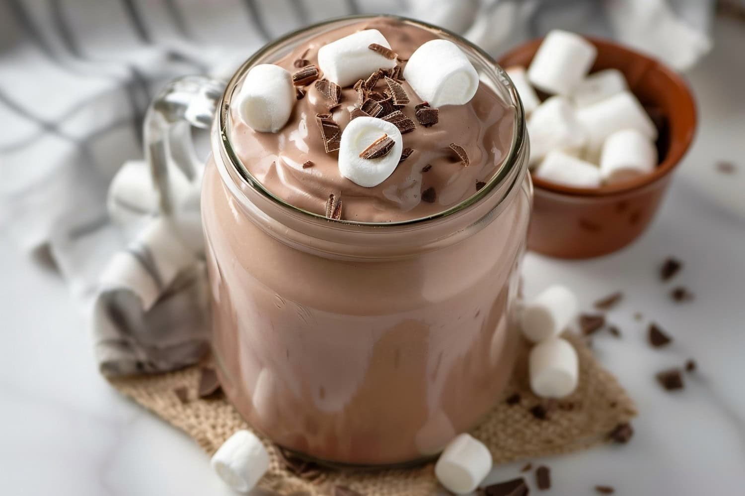 Cool and creamy whipped hot chocolate mixed with milk in a glass