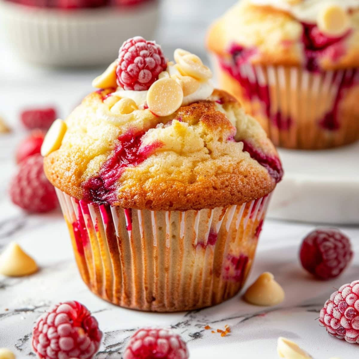 Raspberry and white chocolate chip muffin surrounded by raspberries and white chocolate chips