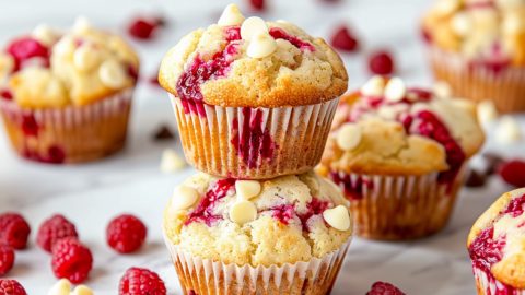 Muffins with white chocolate and raspberries stack on each other.