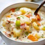 Creamy Ham and Potato Soup with Chunk so Ham, Potatoes, Carrots, Celery, and Seasonings in a Bowl with a Spoon