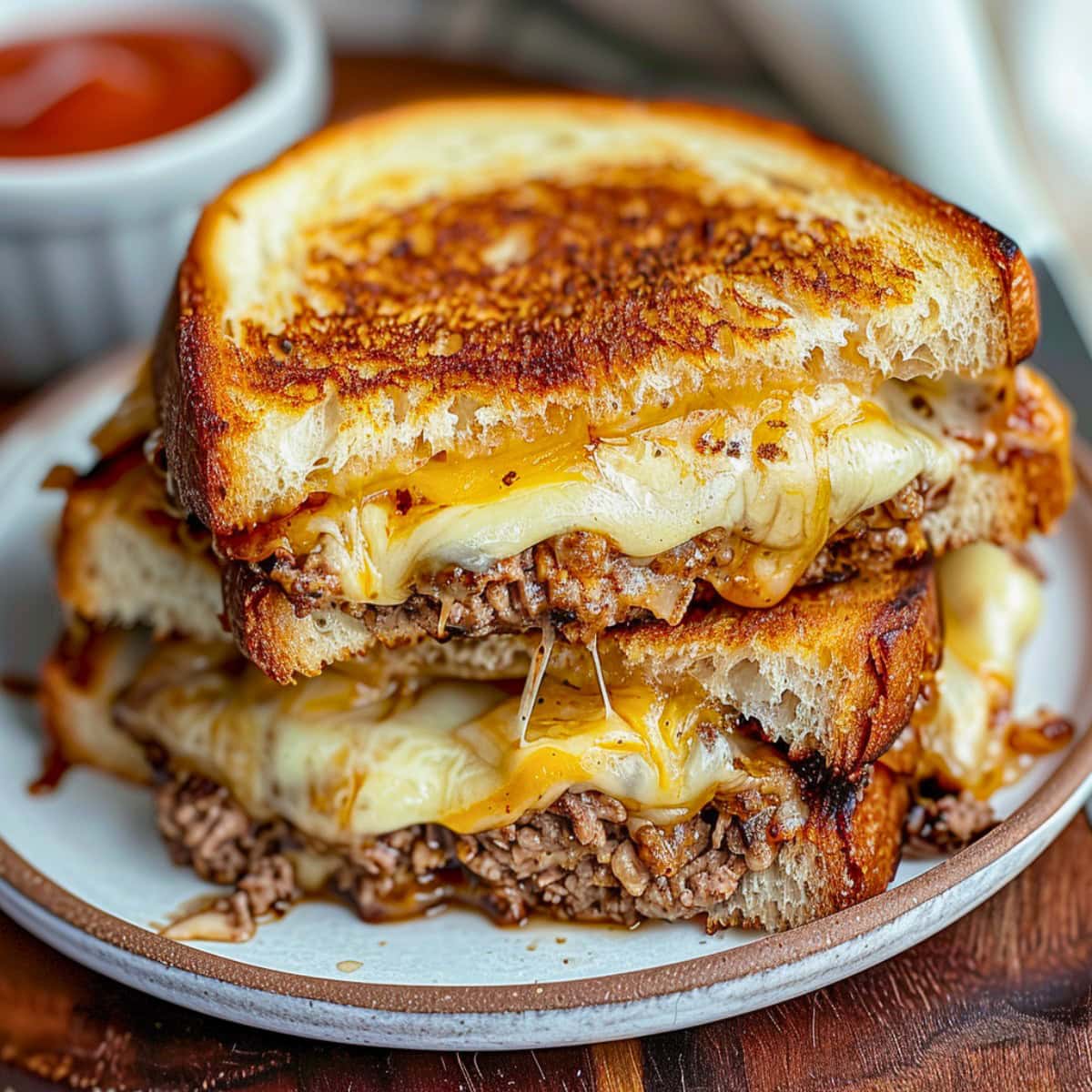 Two Halves of a Patty Melt Stacked on a White Plate with Gooey Cheese, Juicy Burger Meat, and Crispy Bread