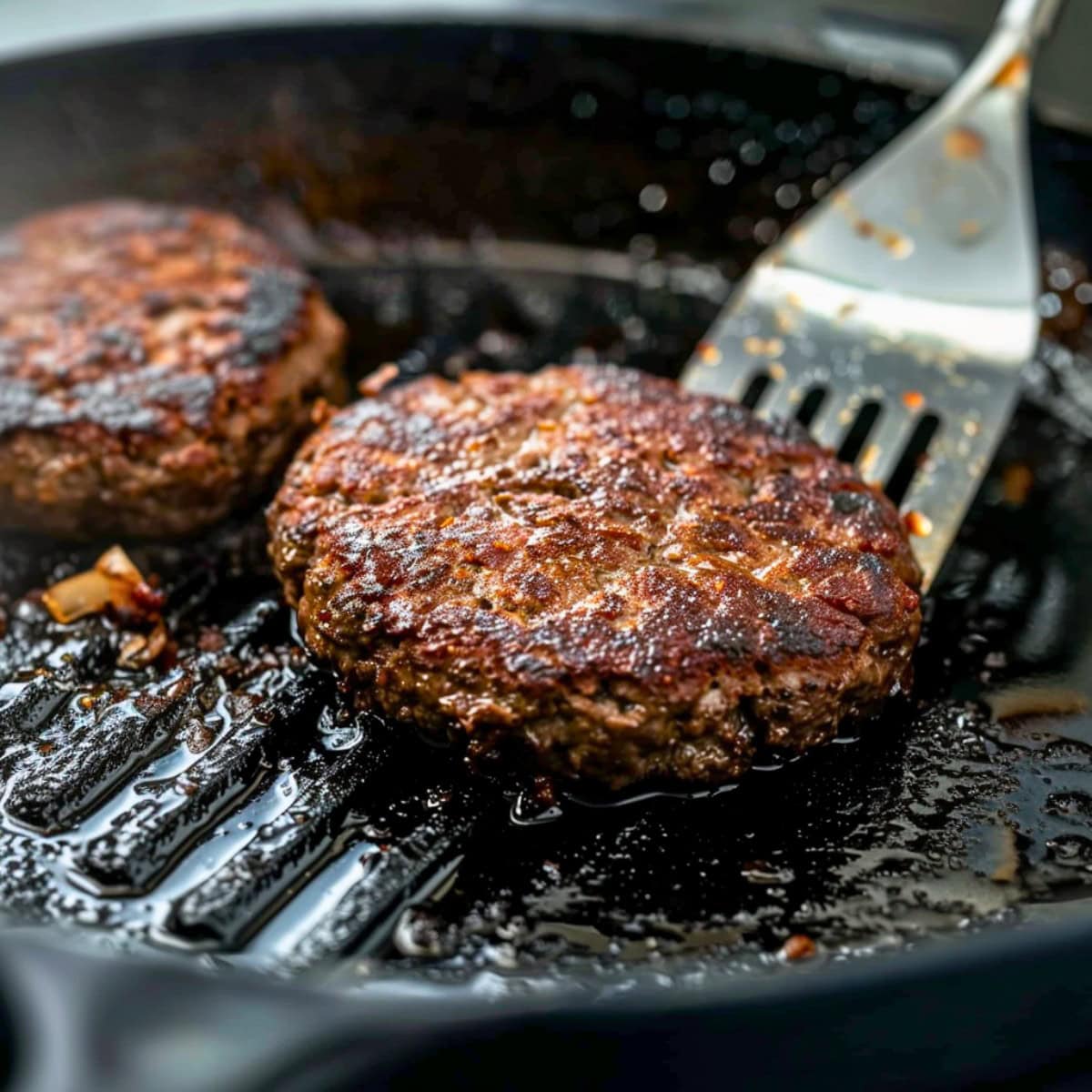 Close Up of Burger Patties Cooking in a Frying Pan with a Spatula