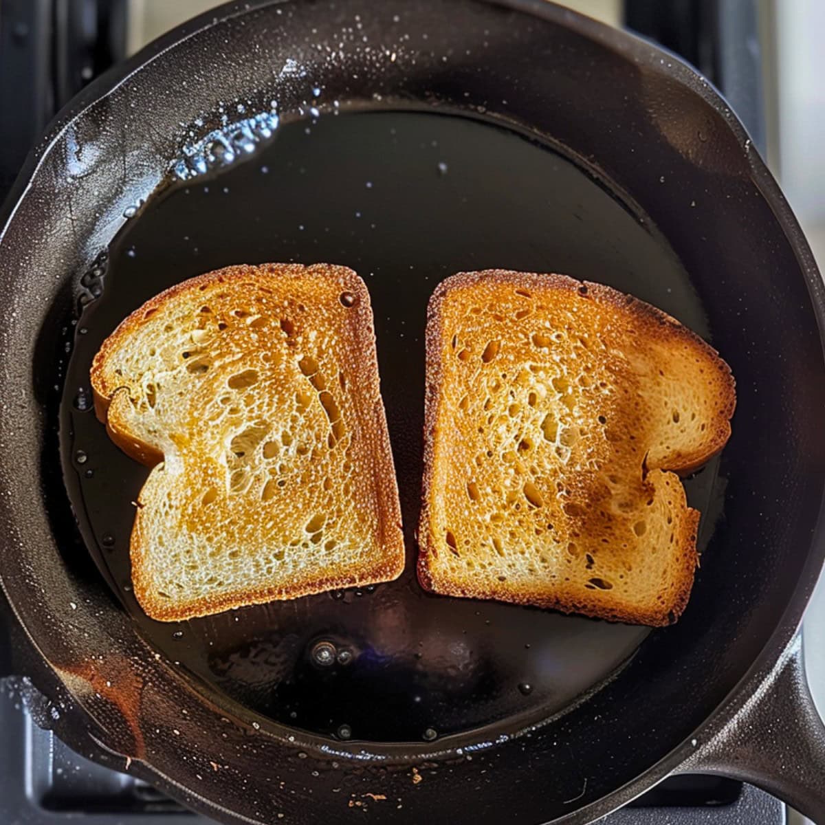 Top View of Two Slices of Bread Toasting in a Cast Iron Pan