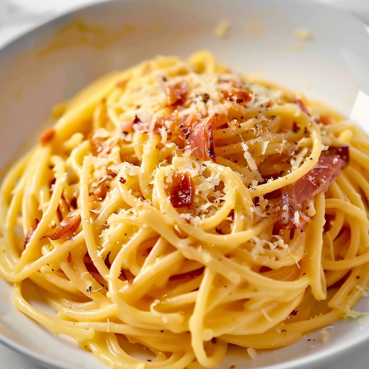 Close Up of Pasta Carbonara in a White Bowl with Bacon and Parmesan and Spaghetti Noodles