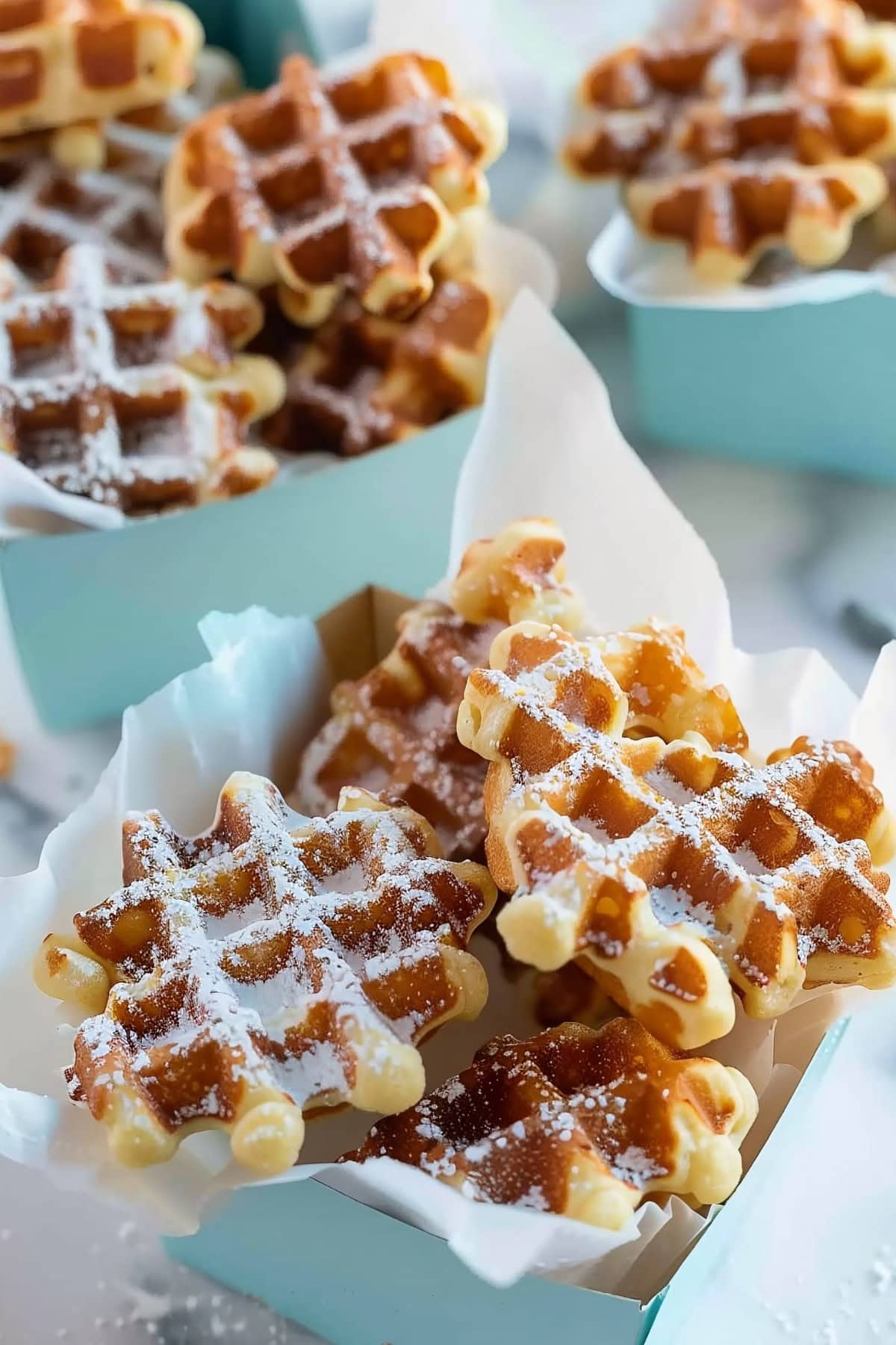 Waffle Cookies with Powdered Sugar in a Light Blue Serving Box, Lined with Parchment Paper
