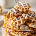 Pile of Waffle Cookies on a White Plate Dusted with Powdered Sugar