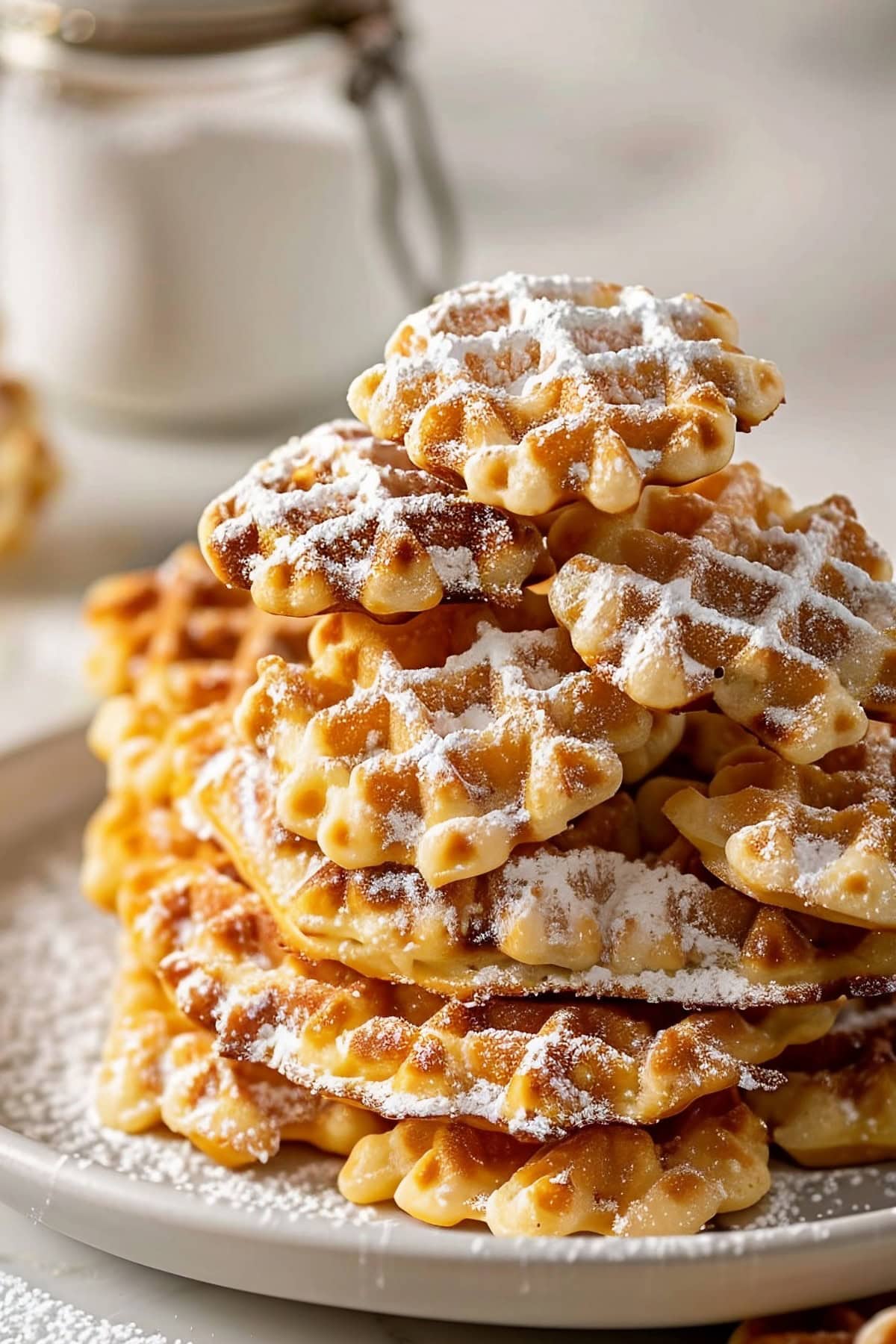 Pile of Waffle Cookies on a White Plate Dusted with Powdered Sugar