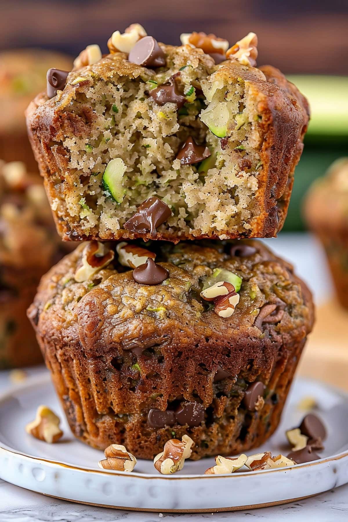 Close Up of Two Zucchini Chocolate Chip Muffins, Stacked, the Top One with a Bite Missing
