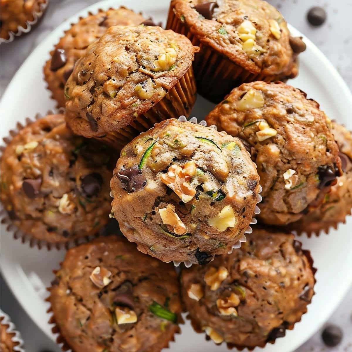 Top View of Zucchini Chocolate Chip Muffins with Walnuts, Chocolate Chips, and Pieces of Zucchini- Stacked on a White Plate