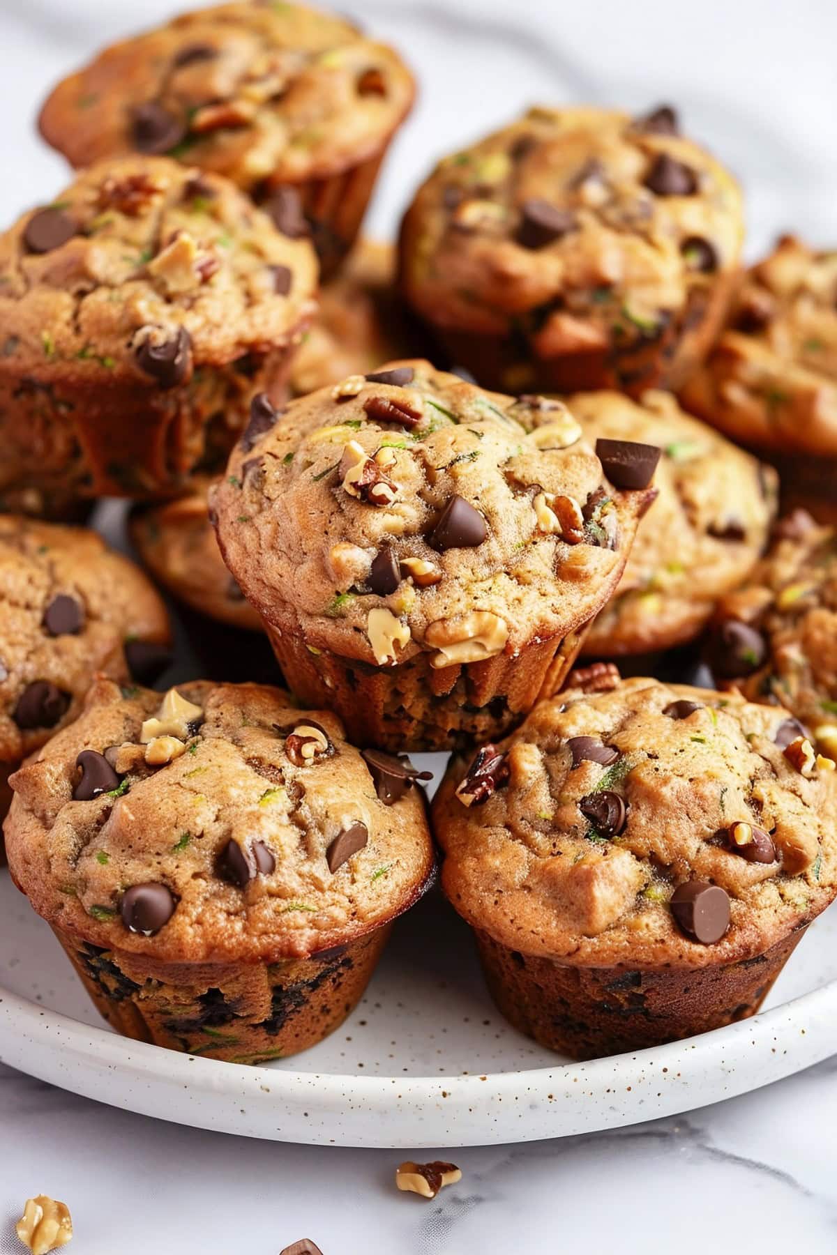 Close Up Stack of Zucchini Chocolate Chip Muffins with Chocolate Chips, Walnuts, and Pieces of Visible Zucchini