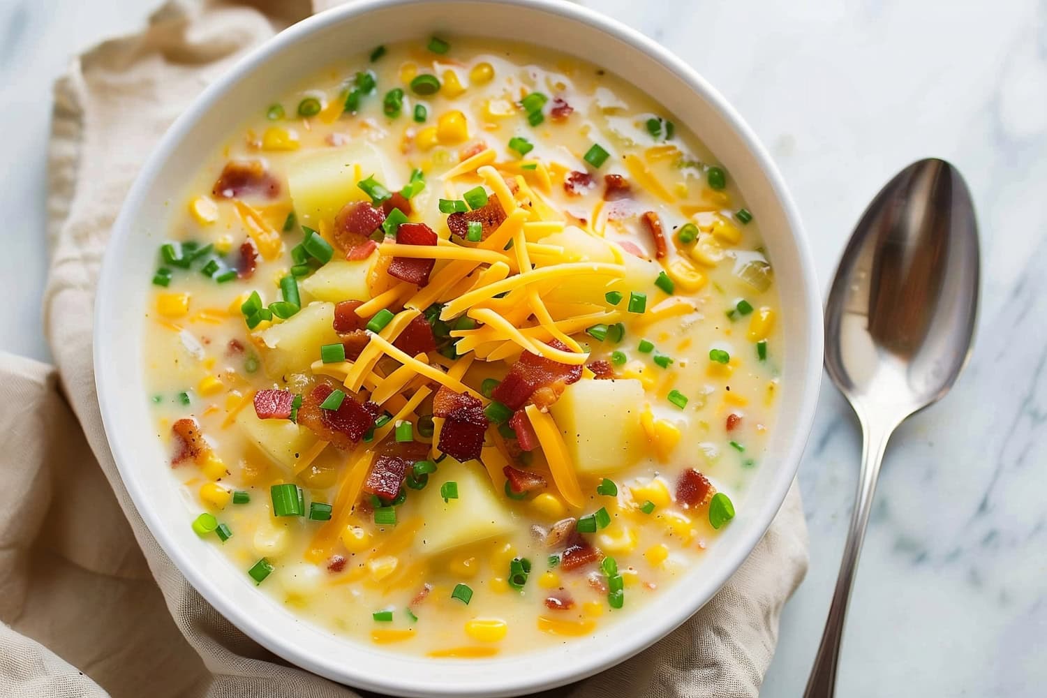 Overhead view of corn chowder with shredded cheese, bacon and potatoes.