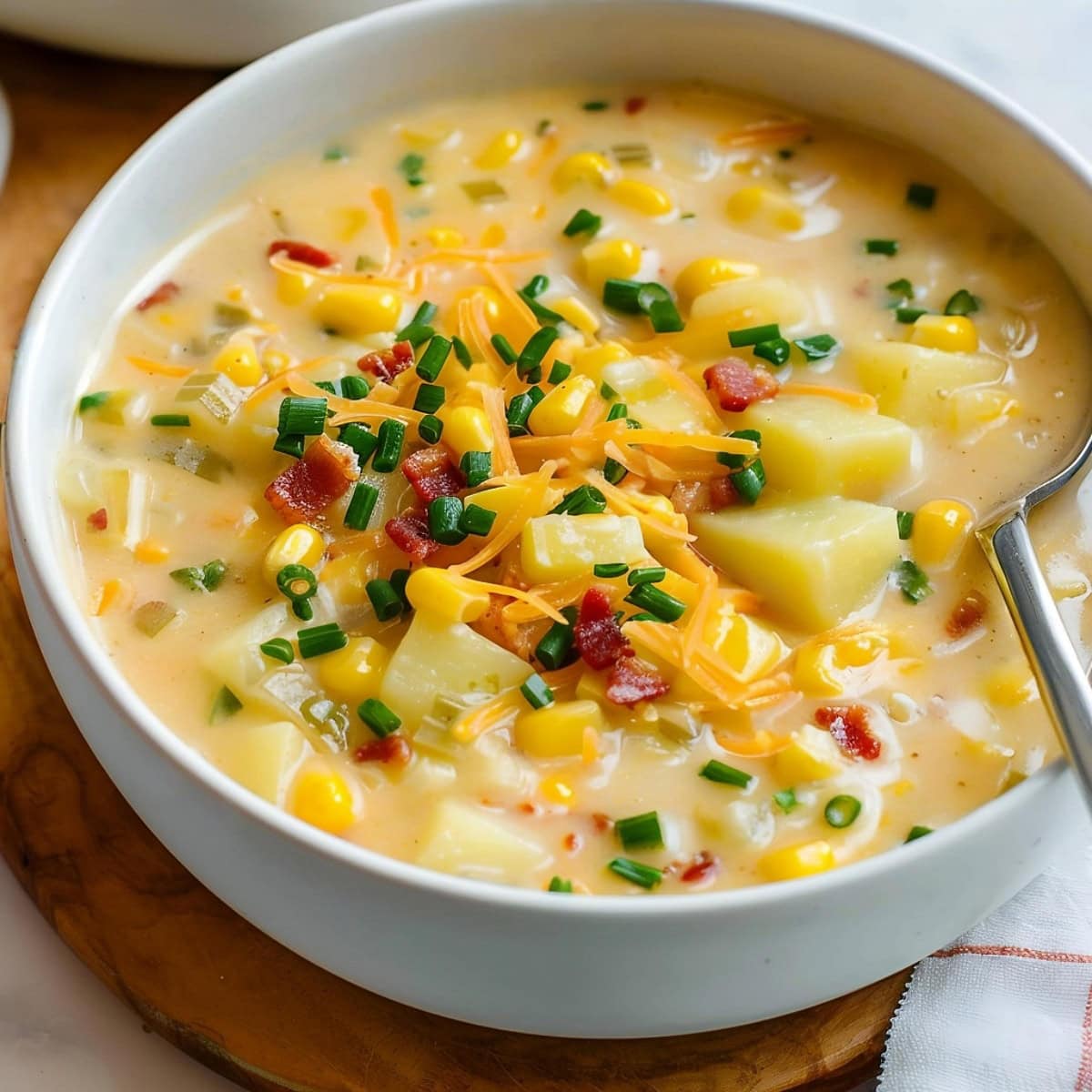 Thick and creamy corn chowder, served in a bowl and garnished with chopped chives and shredded cheese.