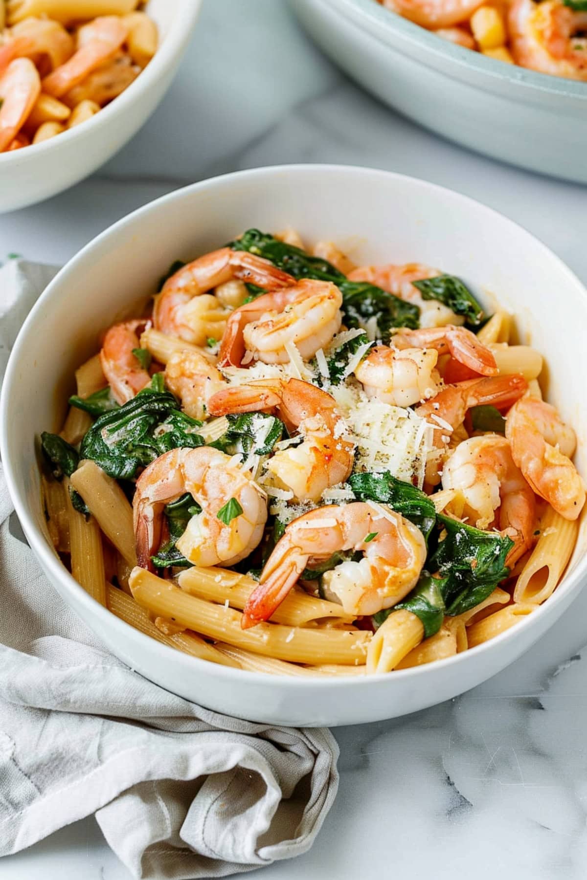 Savory shrimp and spinach pasta, topped with grated parmesan cheese in a white bowl.