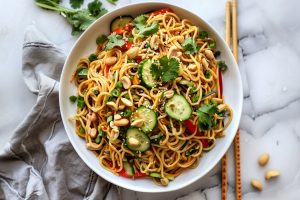 Savory Asian noodle salad with colorful veggies and peanut sauce dressing.